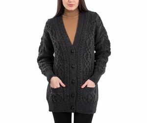 Aran Crafts Women's Cable Knit Merino Wool Button Cardigan Gray oversized S NEW